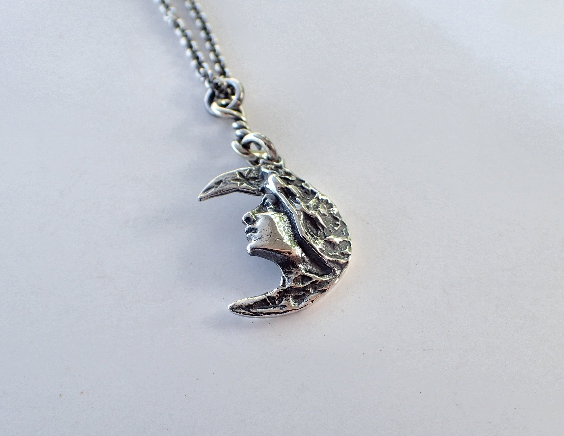 Goddess Moon Sterling Silver Necklace, Crescent, Rustic