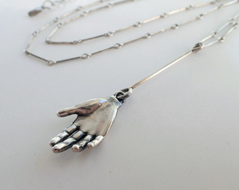 Goth Bar Chain Hand 3D Lariat Sterling Silver Necklace Milagro