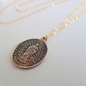 Saint Joseph Oval Medallion Gold Necklace, Bronze Guardian Angel, Religious Medal, Catholic Coin