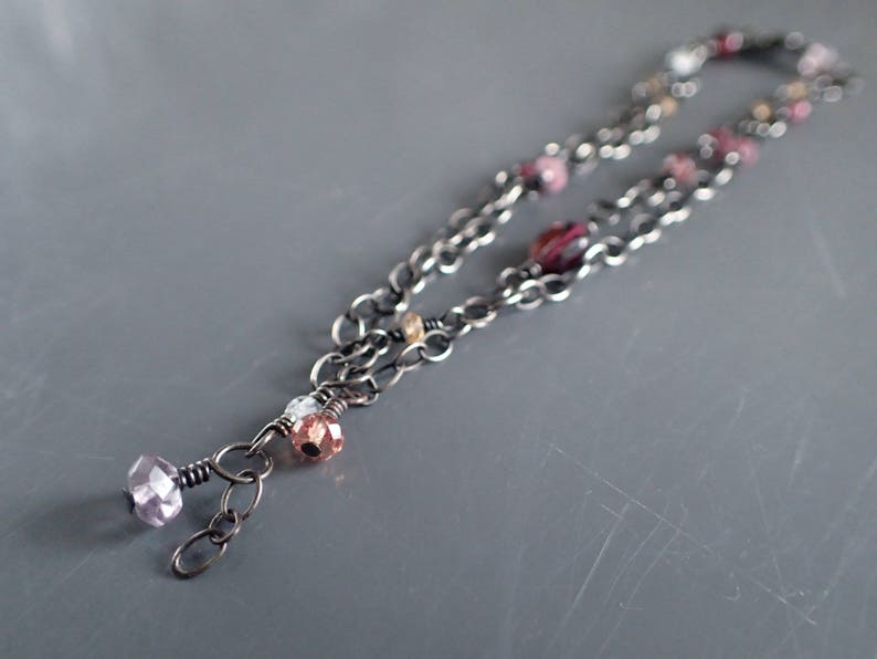 Oxidized Sterling Silver Bohemian Drop Amethyst,Dainty,Double,Strand,Vintage,Victorian Garnet Gemstone Boho Two Layer Delicate Bracelet