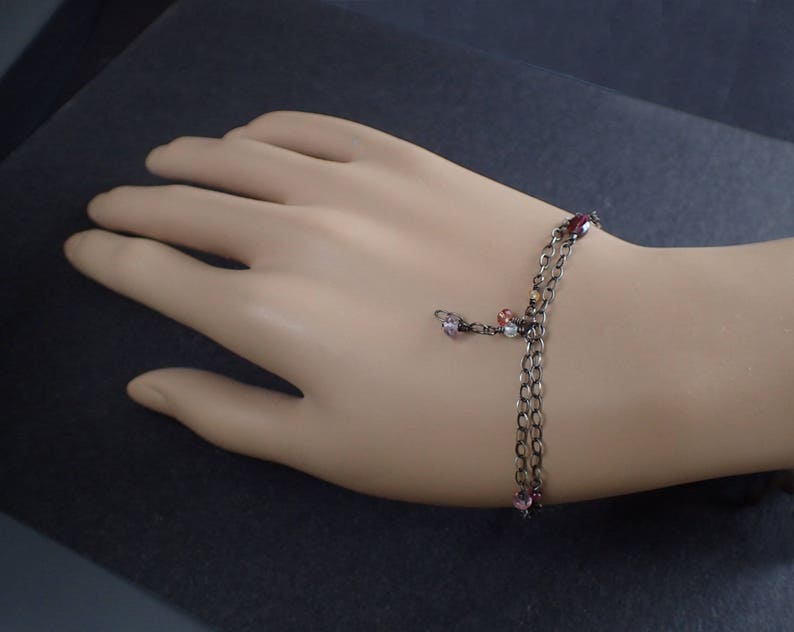 Oxidized Sterling Silver Bohemian Drop Amethyst,Dainty,Double,Strand,Vintage,Victorian Garnet Gemstone Boho Two Layer Delicate Bracelet