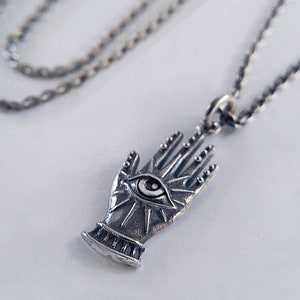Evil Eye Hand Sterling Silver Necklace, All-seeing, Hamsa, Delicate, Oxidized, Crystal Quartz