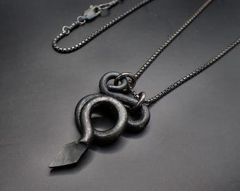 Forged Iron Snake Sterling Silver Necklace, Dark Oxidized, Unique, Men’s