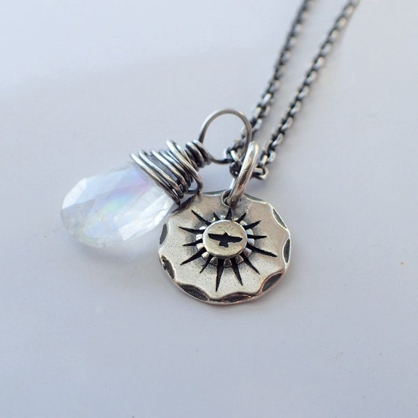 Sun Medallion Moonstone Necklace, Sterling Silver, Wire-Wrapped, Bird, Briolette