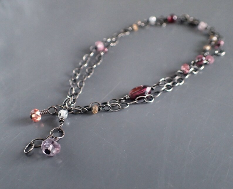 Oxidized Sterling Silver Bohemian Drop Amethyst,Dainty,Double,Strand,Vintage,Victorian Garnet Gemstone Boho Two Layer Delicate Bracelet