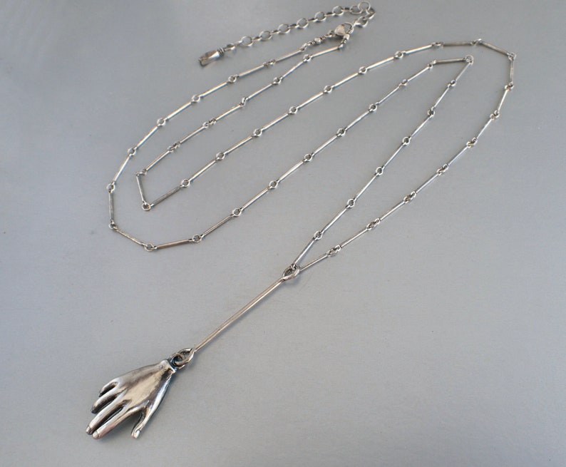 Goth Bar Chain Hand 3D Lariat Sterling Silver Necklace Milagro
