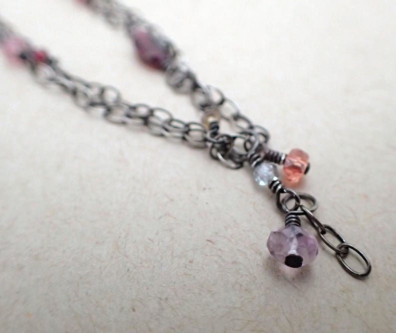 Oxidized Sterling Silver Bohemian Drop Amethyst,Dainty,Double,Strand,Vintage,Victorian Garnet Gemstone Boho Two Layer Delicate Bracelet