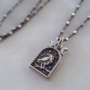Collar de plata de ley con diseño de cuervo, delicado, con motivos de cuervo, pájaro y luna.