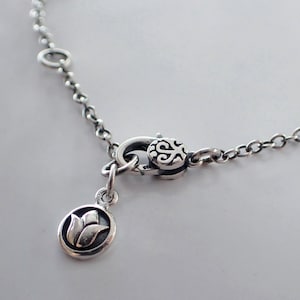 Lotus Lariat Sterling Silver Necklace, Oxidized, Tiny Pendant, Adjustable Drop