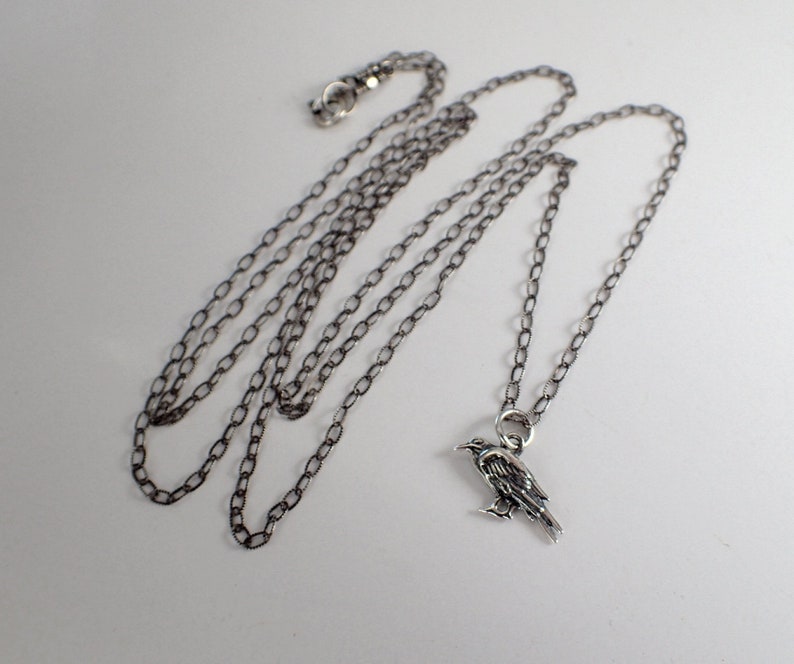 Goth Tiny Raven Long Sterling Silver Necklace Crow Bird