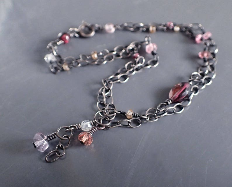 Oxidized Sterling Silver Bohemian Drop Amethyst,Dainty,Double,Strand,Vintage,Victorian Garnet Gemstone Boho Two Layer Delicate Bracelet
