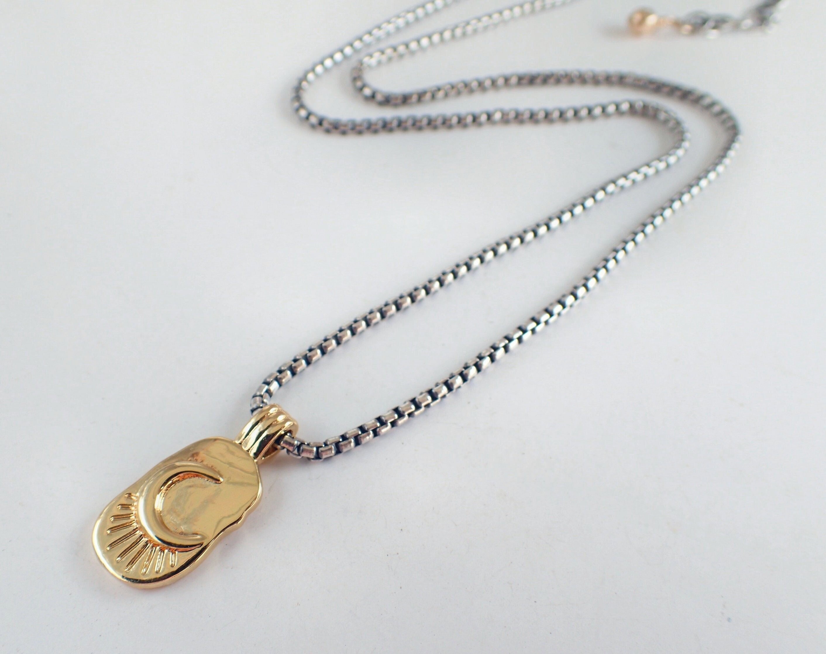 Moon and Rays Mixed Metal Necklace, Sterling Silver, Gold-Filled, Celestial, Crescent