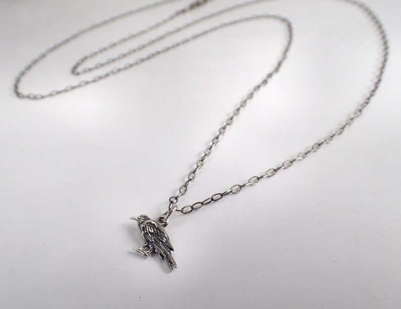 Goth Tiny Raven Long Sterling Silver Necklace Crow Bird