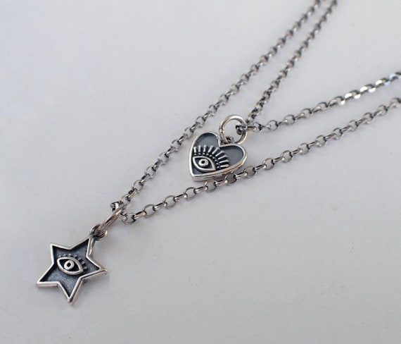 Two Layer Evil Eye Sterling Silver Necklace Heart Star - Etsy