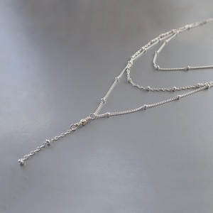Layered Sterling Silver Chain Necklace, Delicate, Multi Strand Three Layer Beaded Lariat