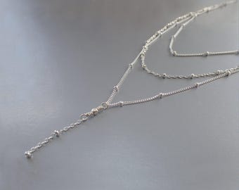 Layered Sterling Silver Chain Necklace, Delicate, Multi Strand Three Layer Beaded Lariat