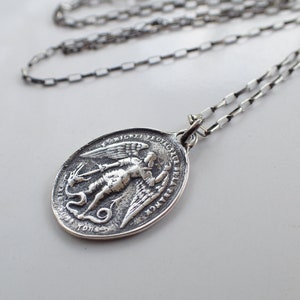 Saint Michael Medal Sterling Silver Necklace, Religious Archangel, Catholic, Medallion, Oxidized