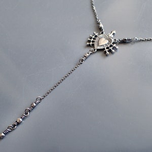 Heart Sword Medal Lariat Necklace, Oxidized Sterling Silver, Catholic Religious Rosary, Delicate