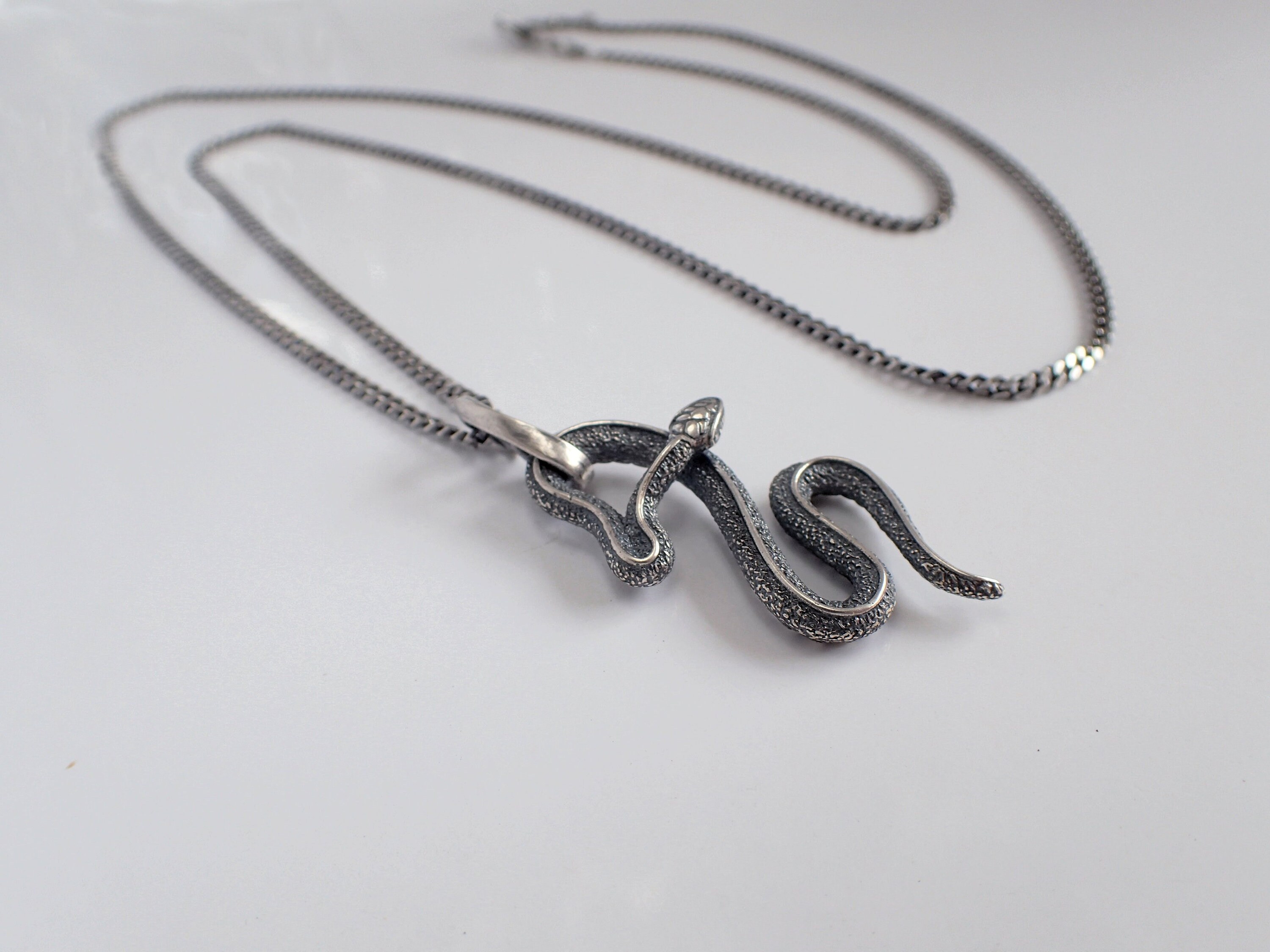 Snake Sterling Silver Necklace, Serpent, Coiling, Men's