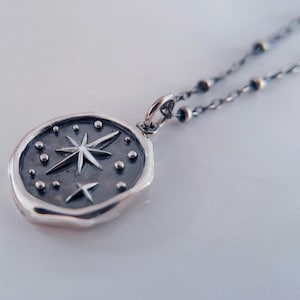 North Star Wax Seal Sterling Silver Necklace, Oxidized, Medium Delicate