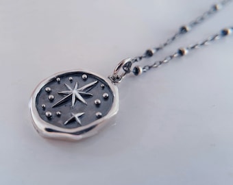 North Star Wax Seal Sterling Silver Necklace, Oxidized, Medium Delicate