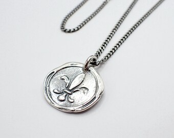 Fleur-de-lis Wax Seal Sterling Silver Necklace, Round Medallion, Oxidized, Men’s