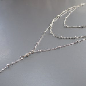 Layered Sterling Silver Chain Necklace, Delicate, Multi Strand Three Layer Beaded Lariat