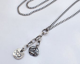 Love Double Coin Medallion Necklace, Sterling Silver, Lariat, Round Disc, Heart, Kiss