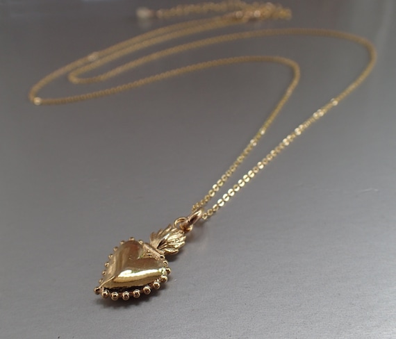 Sacred Heart Gold Long Necklace, Delicate, Gold-filled