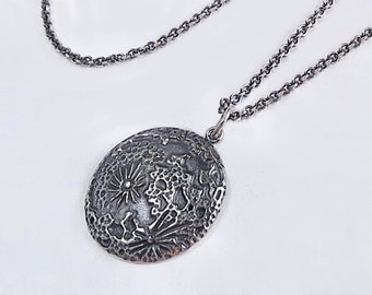 Moon Round Medallion Sterling Silver Necklace, Realistic, Oxidized, Shallow Dome, Celestial