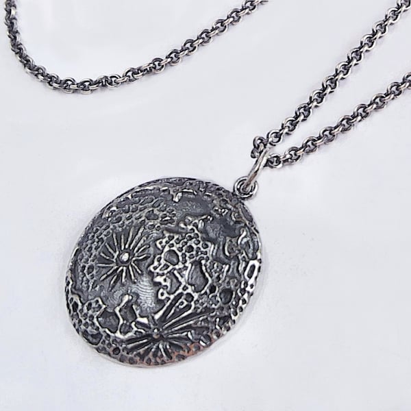 Moon Round Medallion Sterling Silver Necklace, Realistic, Oxidized, Shallow Dome, Celestial