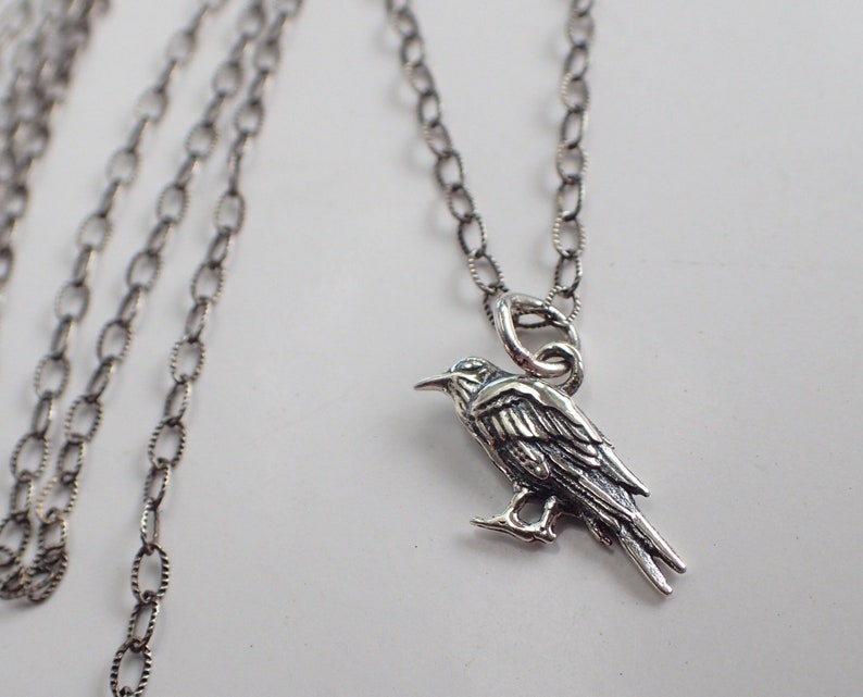 Goth Tiny Raven Long Sterling Silver Necklace Crow Bird