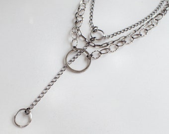 Multi Strand Sterling Silver Necklace, O-ring Layered Y Lariat, Chunky Chain, Oxidized