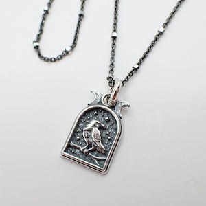 Raven Sterling Silver Necklace, Delicate, Crow, Bird, Moon