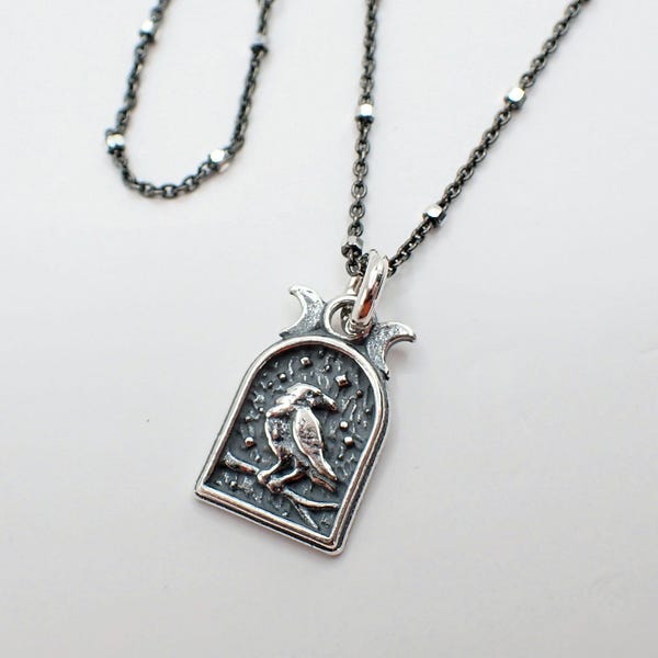 Collar de plata esterlina con diseño de cuervo, delicado, con forma de cuervo, pájaro y luna.