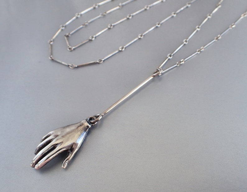 Goth Bar Chain Hand 3D Lariat Sterling Silver Necklace Milagro