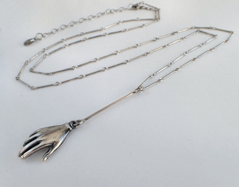 Goth Bar Chain Hand 3D Lariat Sterling Silver Necklace Milagro