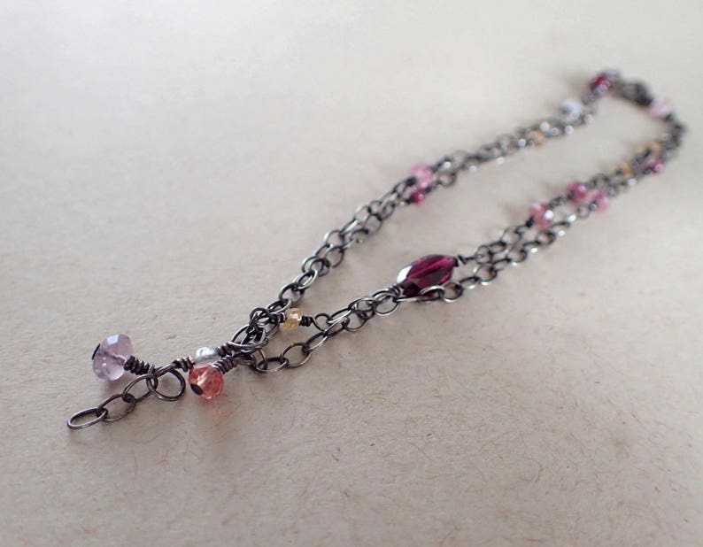 Oxidized Sterling Silver Bohemian Drop Amethyst,Dainty,Double,Strand,Vintage,Victorian Garnet Gemstone Boho Two Layer Delicate Bracelet
