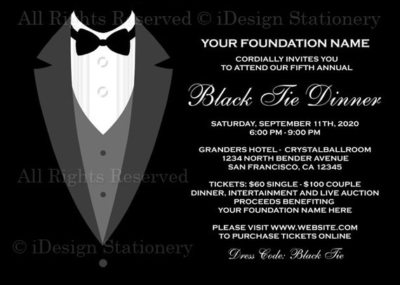 black tie dinner fundraising invitations printable tuxedo etsy