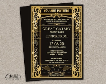Great Gatsby Prom Invitation | DIY Printable Vintage Art Deco Art Nouveau Roaring 20's Themed Prom Invite In Black & Gold