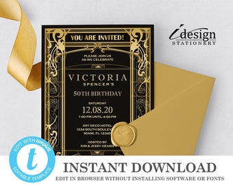 Editable Great Gatsby 50th Birthday Party Invitation | Instant Download Template | Printable Art Deco Roaring 20's Invitations | Templett