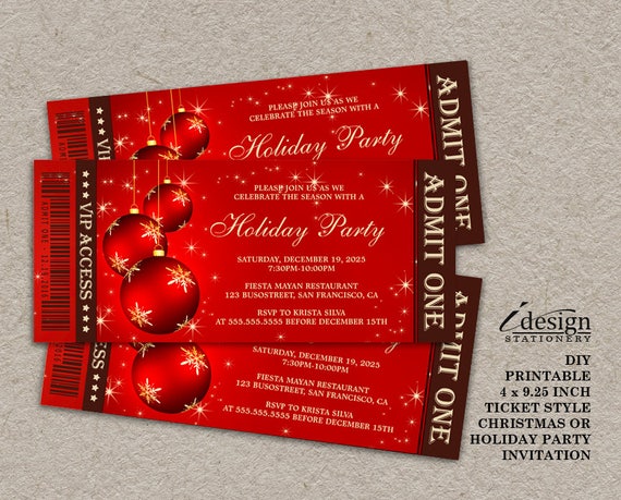 holiday party ticket invitations elegant red and gold ticket etsy