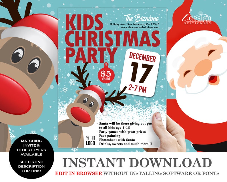 Children's Christmas Party Flyer Templates Printable | Etsy