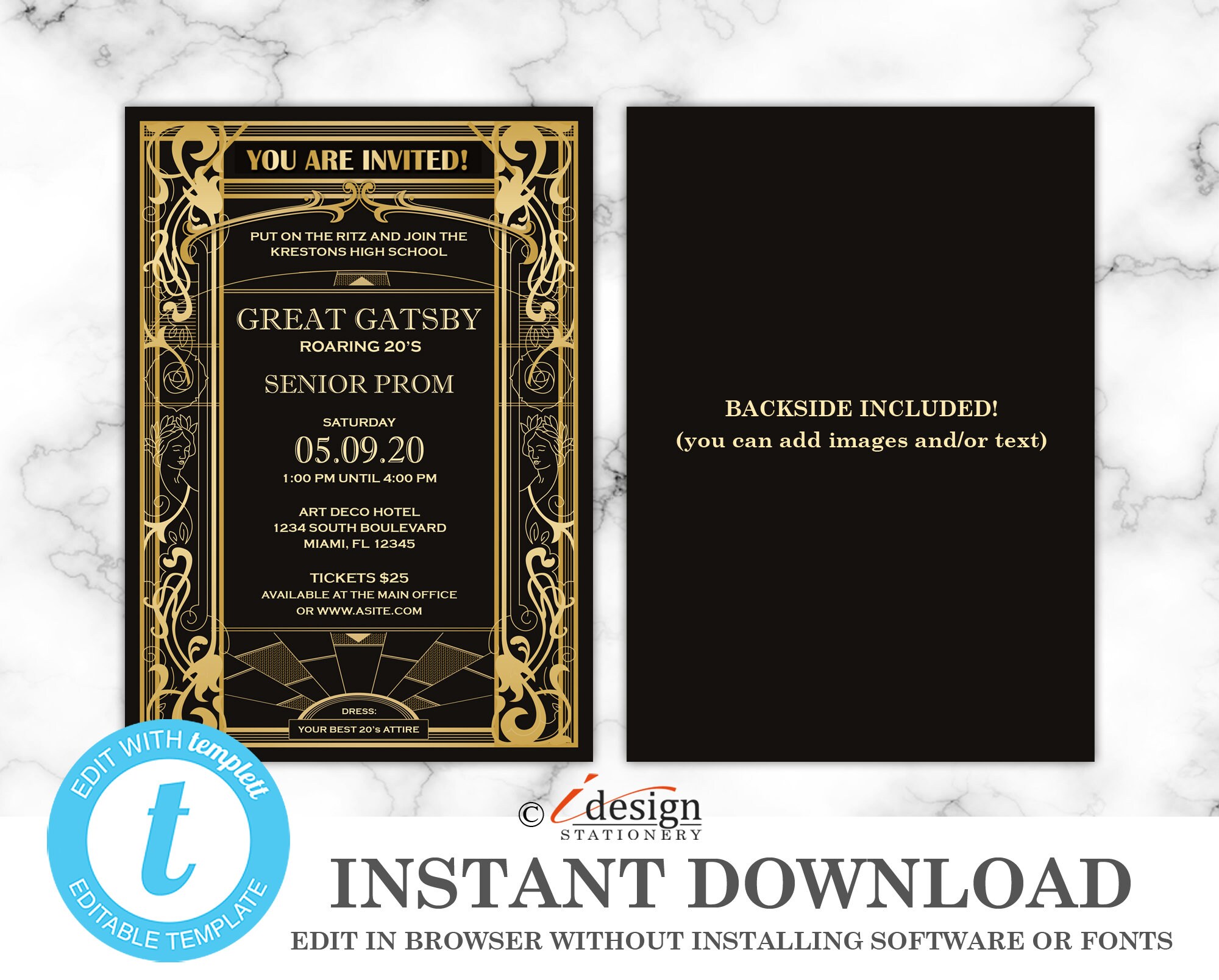 Great Gatsby Prom Invitation Editable Roaring 20's Prom Etsy