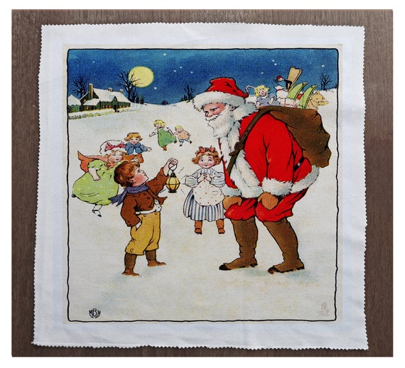 Vintage Santa Printed On Fabric Panel Make A Cushion Upholstery Craft