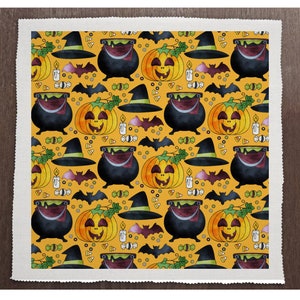Halloween Trick Or Treat Pattern Cauldron Bat Pumpkin - Sewing, Cushion, Upholstery, Craft, Patchwork and Quilting Fabric Panel 100% cotton