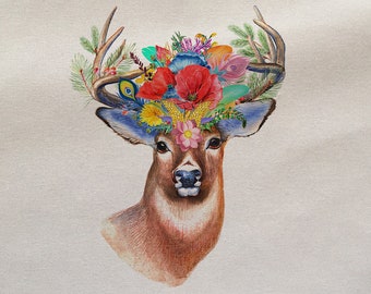 Floral stag deer flowers - Sewing, Cushion, Upholstery, Craft, Patchwork and Quilting Fabric Panel 100% cotton