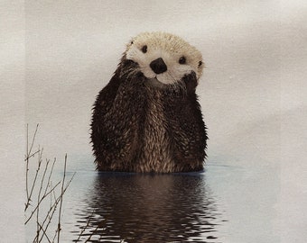Otter Woodland Animal Water - Sewing, Cushion, Upholstery, Craft, Patchwork and Quilting Fabric Panel 100% cotton