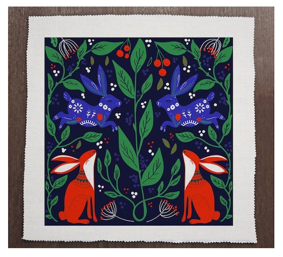 Hare Scandinavian Leaves Printed Fabric Panel Quilting Upholstery Craft