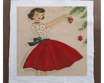 Vintage Christmas Decorating tree Pin Up - Sewing, Cushion, Upholstery, Craft, Patchwork and Quilting Fabric Panel 100% cotton